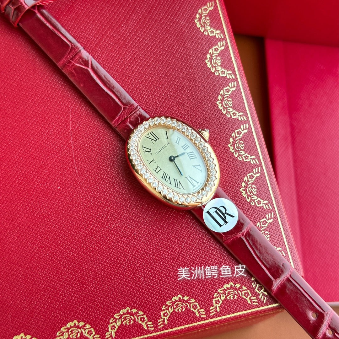 Baignoire 23mm Pink Gold Case Diamond Bezel Red Leather Strap