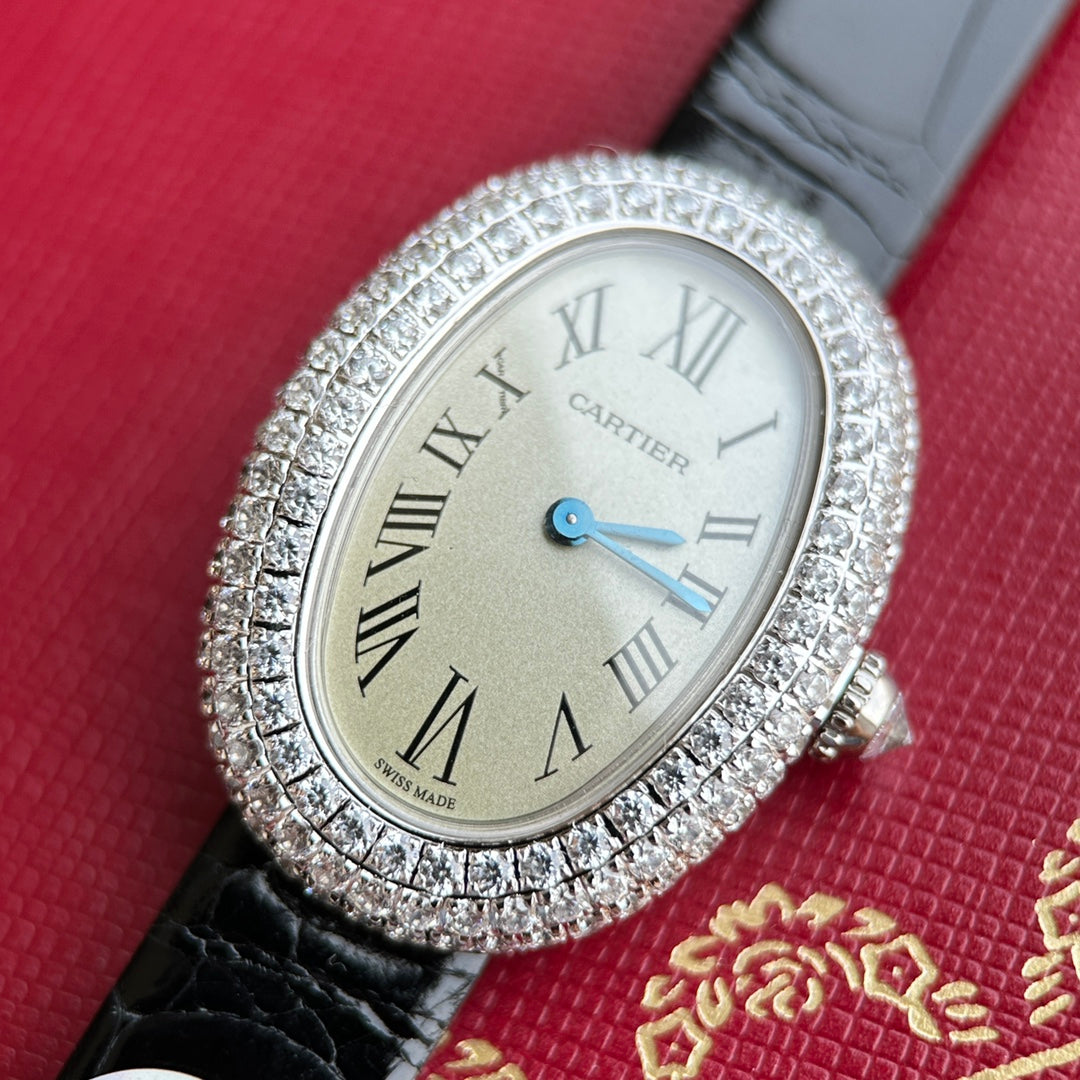 Baignoire 23mm Silver Case Diamond Bezel Black Leather Strap