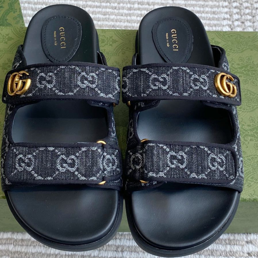 GC sandal with Double G Black Canvas Sheepskin 291017