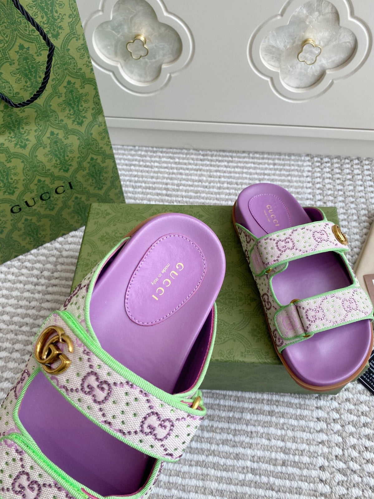 GC sandal with Double G Purple Canvas Sheepskin 291018