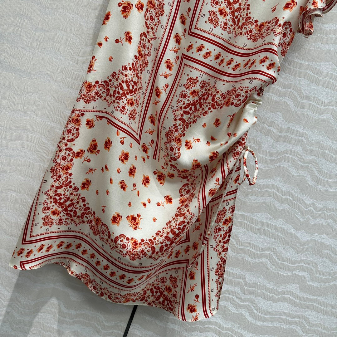 Fendi Flower Dress Red Silk