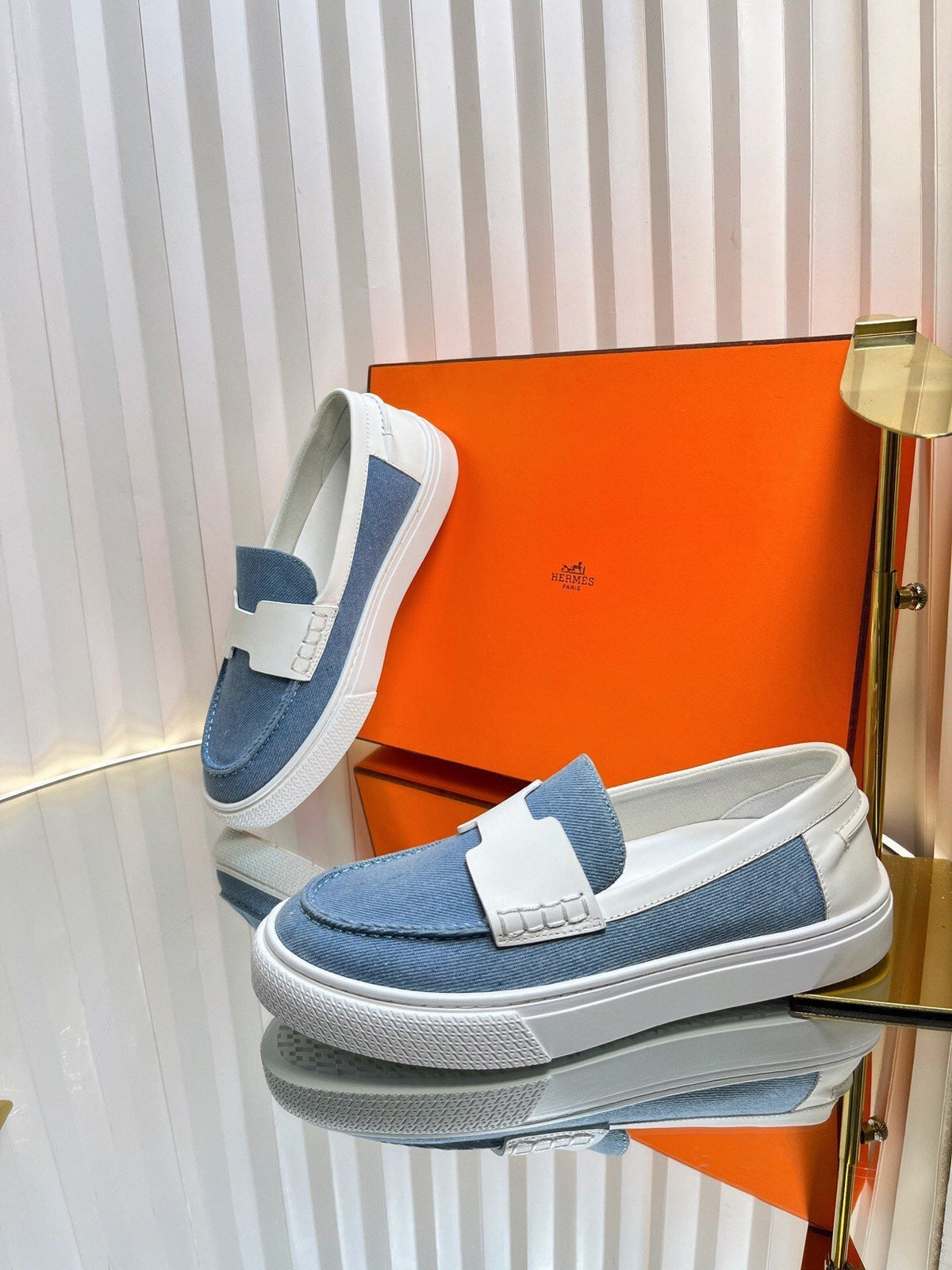 HM Denim Casual Loafer Blue White Cowhide Cloth 317068