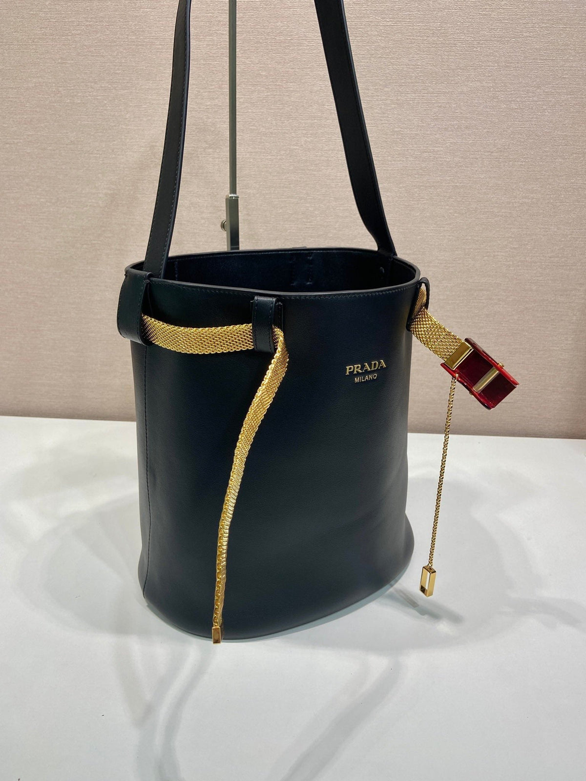 PRA bucket bag iron chain belt black leather 341179