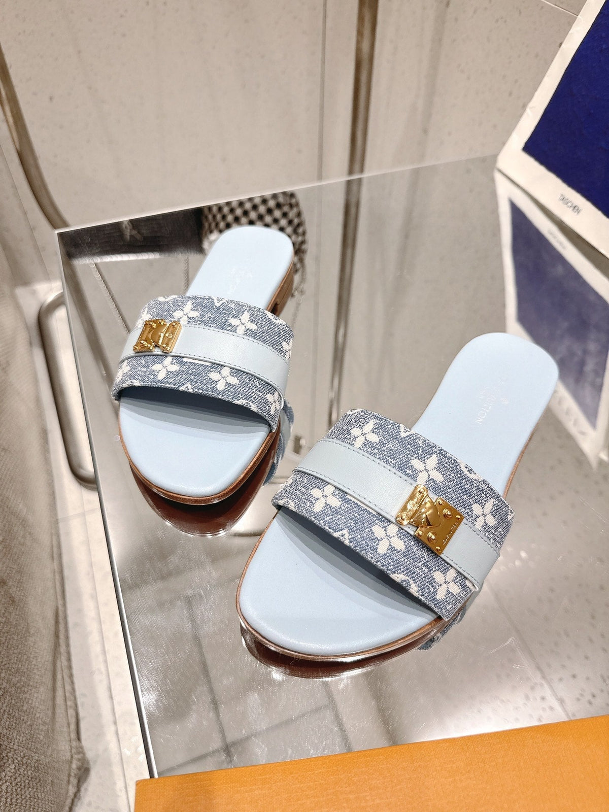 LV Flat Mules pairs raffia baby blue mix denim cowhide 383719