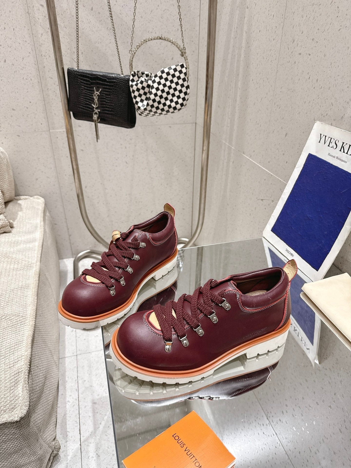 LV Pharrell and Nigo Hiking Shoes  Burgundy Sheepskin 383739