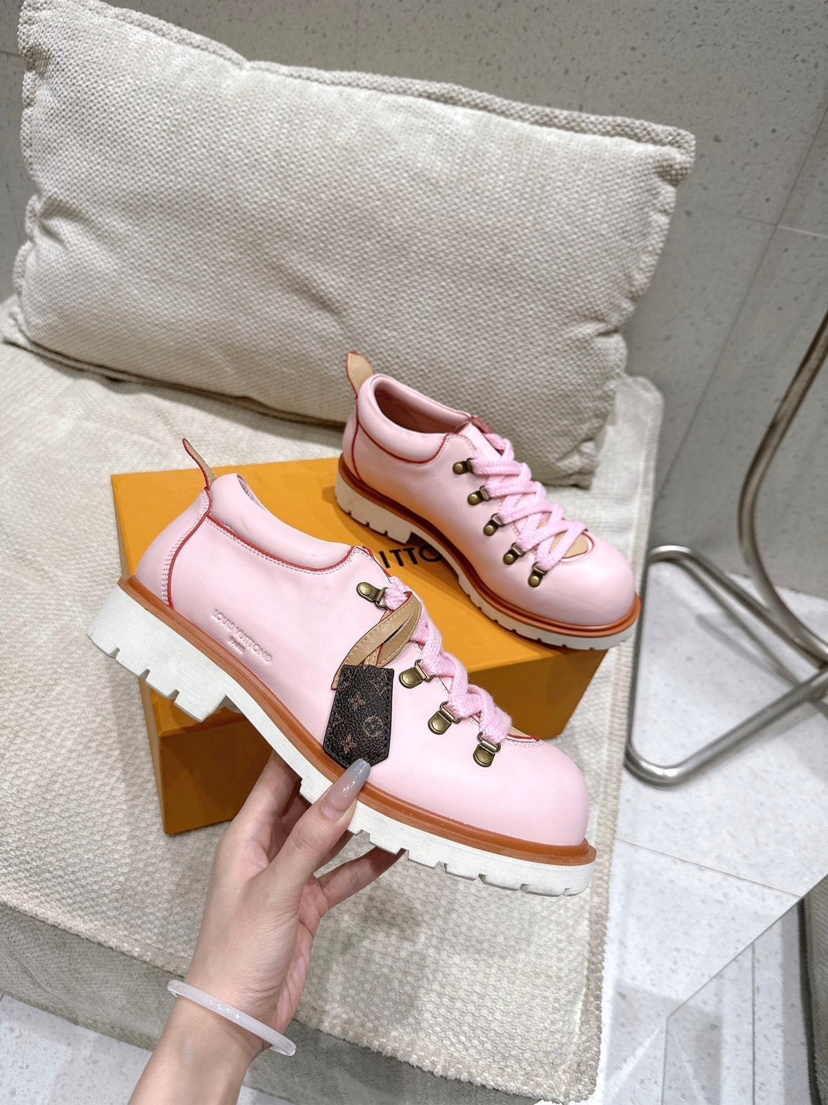 LV Pharrell and Nigo Hiking Shoes Pink Sheepskin 383742