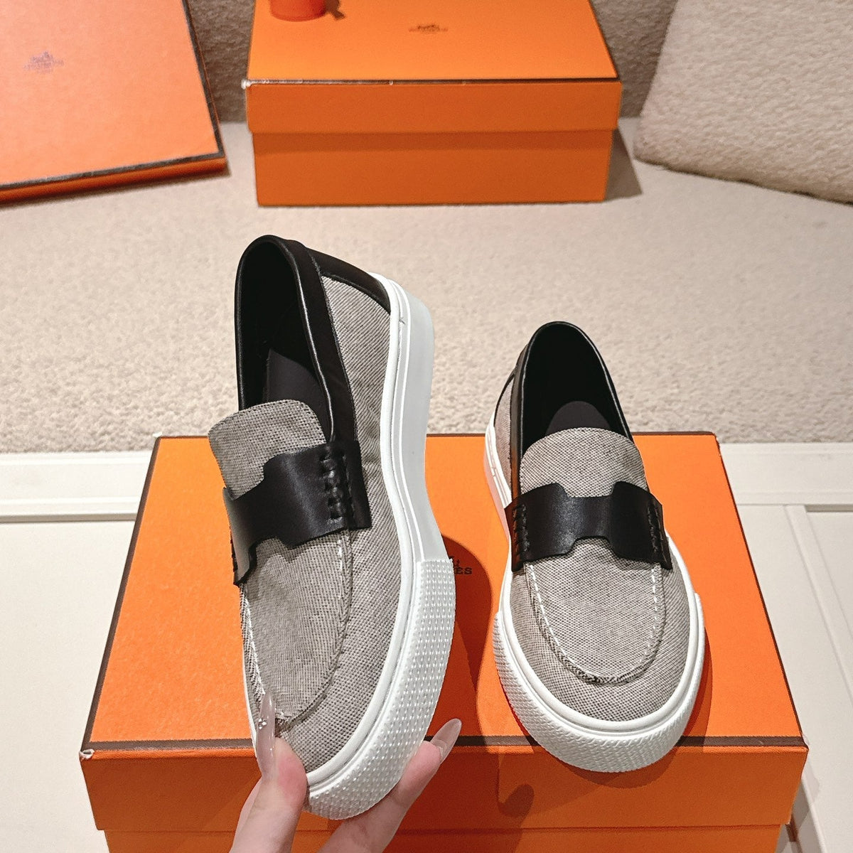 HM 25ss Platform Loafers Gray Black Denim Cowhide 577165