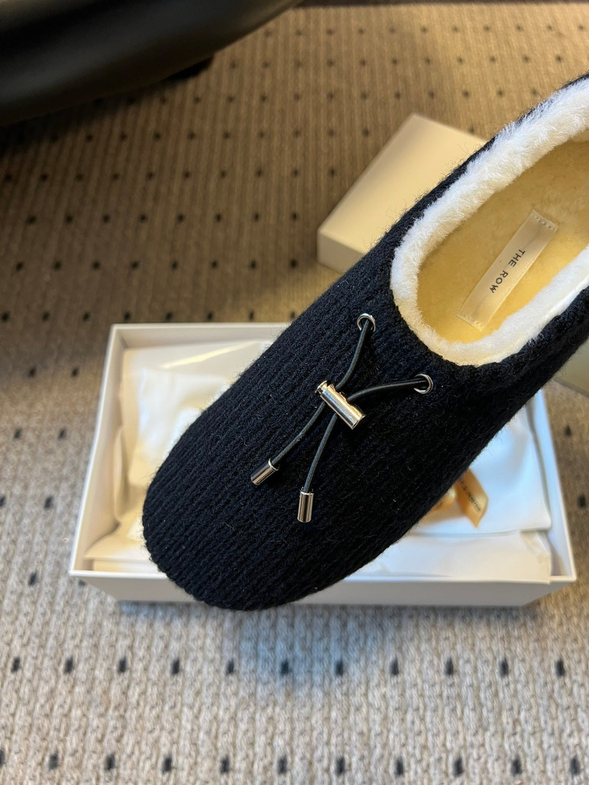 The Row 2025 Striped Furry Slipper Black White Wool 561636