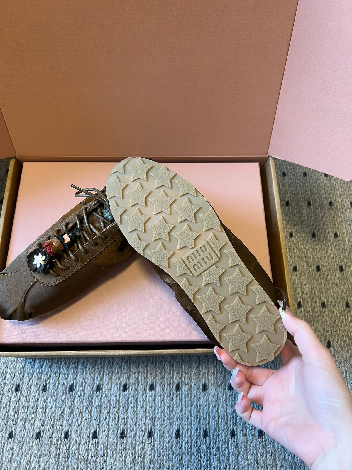 Miu Miu 2026  Plume Sneaker With Floral Charm Brown Satin 621344