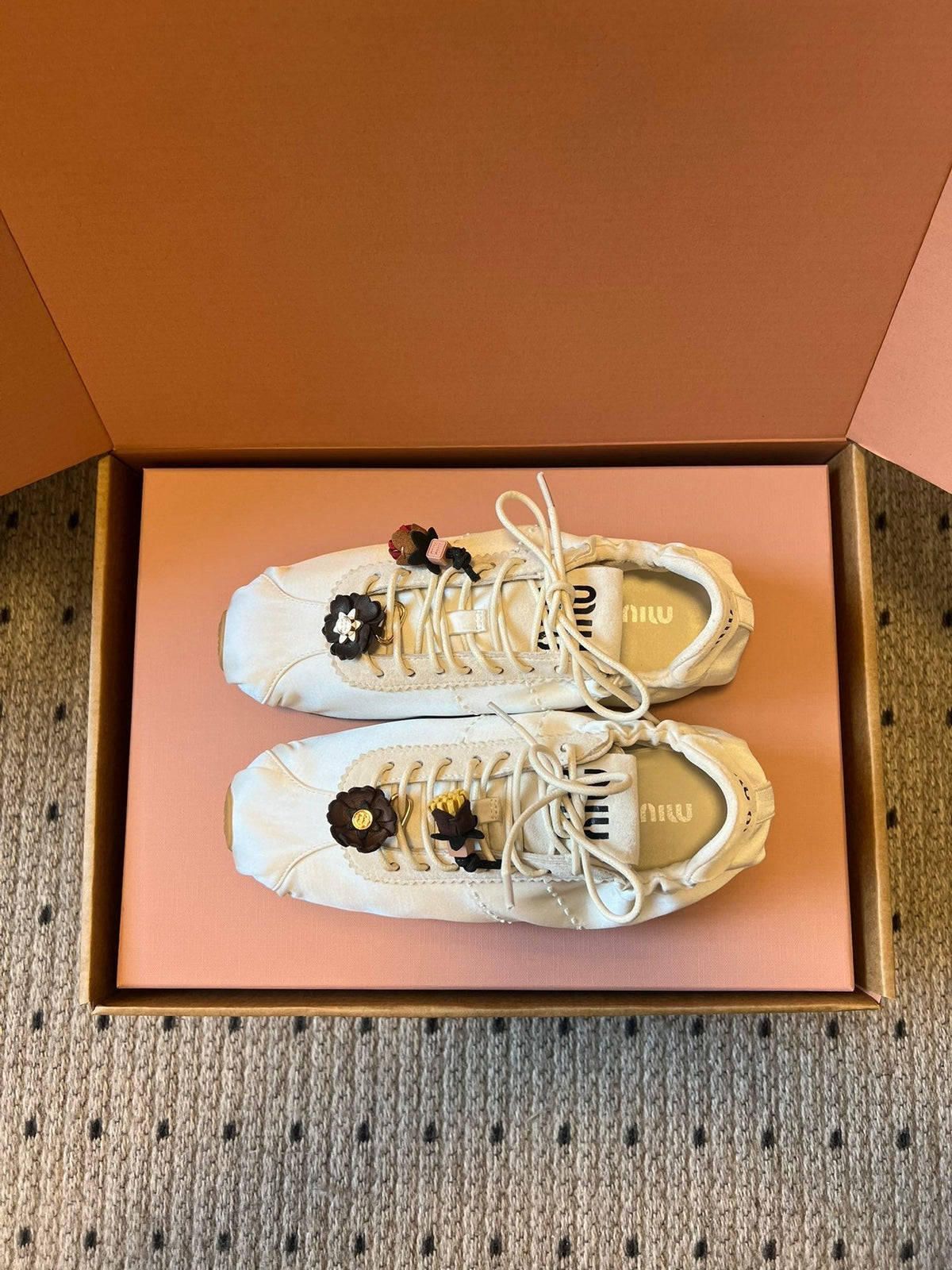 Miu Miu 2026  Plume Sneaker With Floral Charm White Satin 621346
