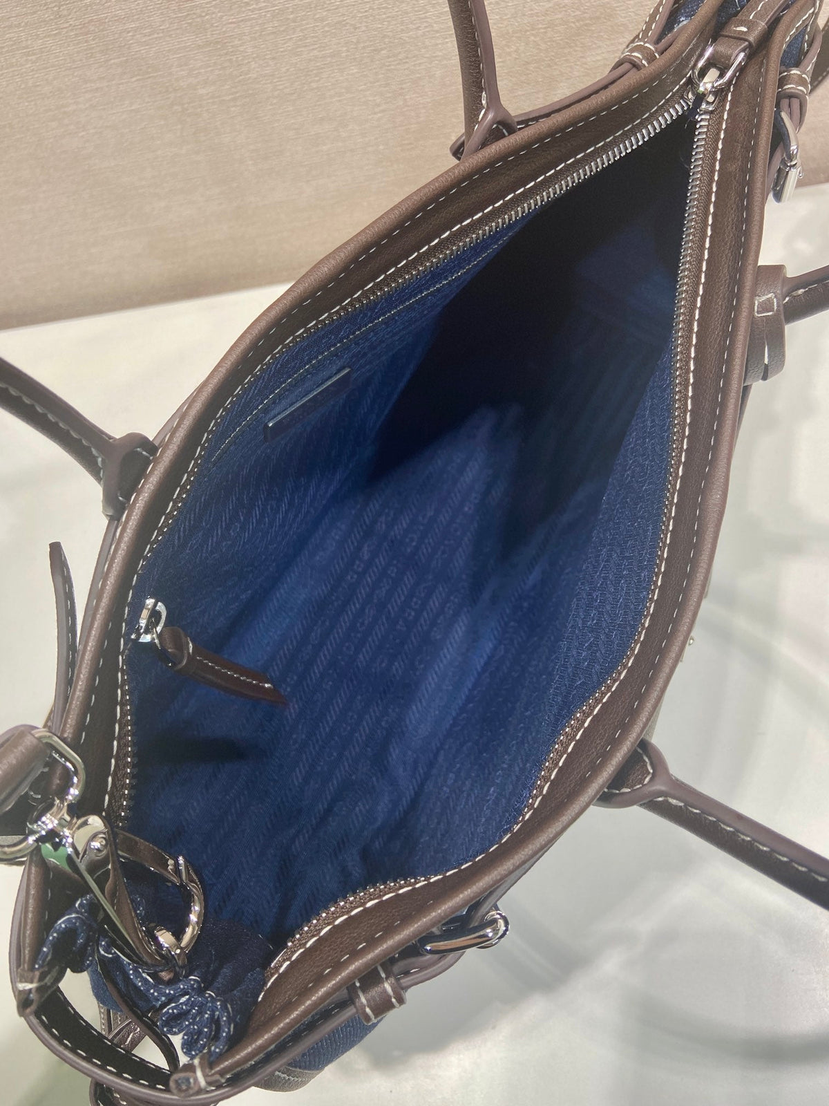 Prada 2026 Bonnie Bag 38cm Blue Brown Denim Leather 351797