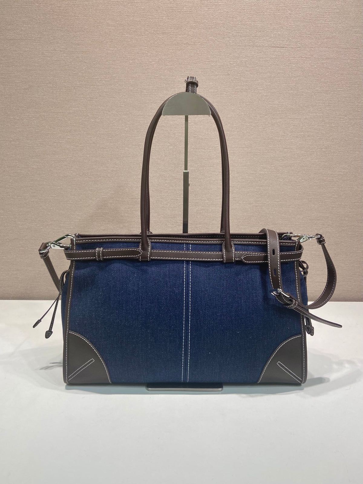 Prada 2026 Bonnie Bag 38cm Blue Brown Denim Leather 351797