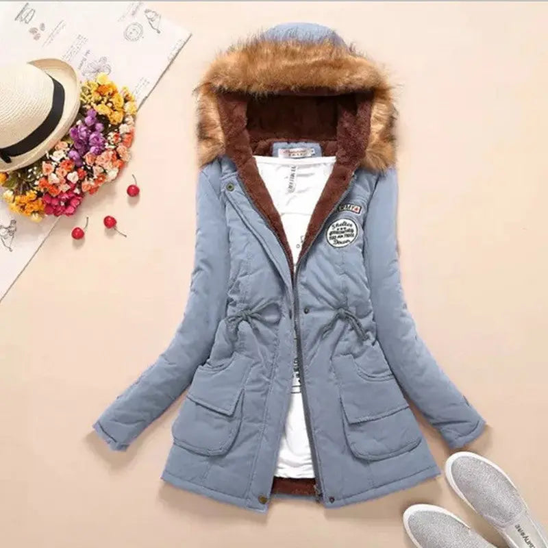 Long Women's Cotton-Padded Jacket With Wool Collar hercurva