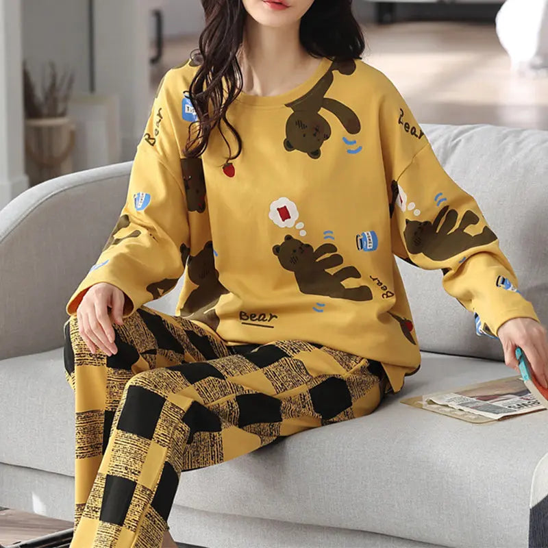 Loose Print Pajamas Women Autumn Winter Pyjama Set Long Sleeves And Trousers Elegant Sleepwear Girl Loungewear Home Clothes hercurva