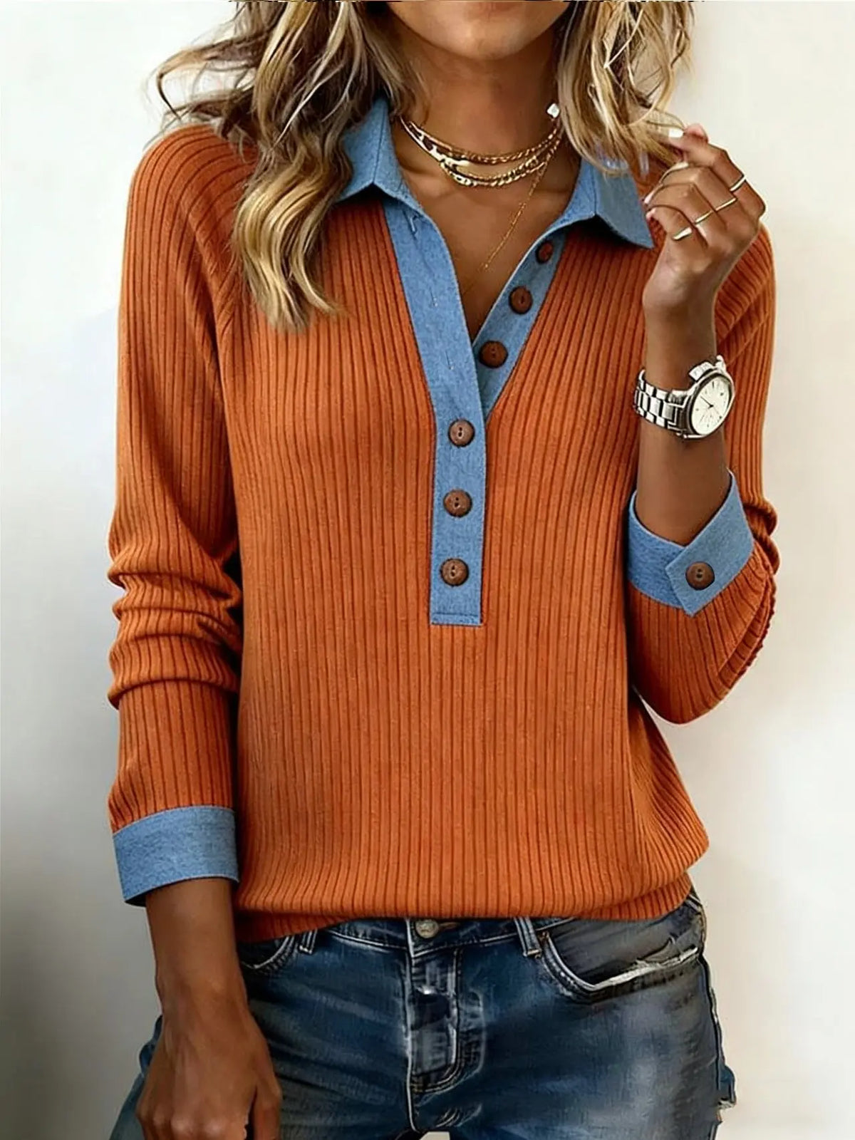 Denim Collar Pullover Patchwork Knit Top With Long Sleeves hercurva