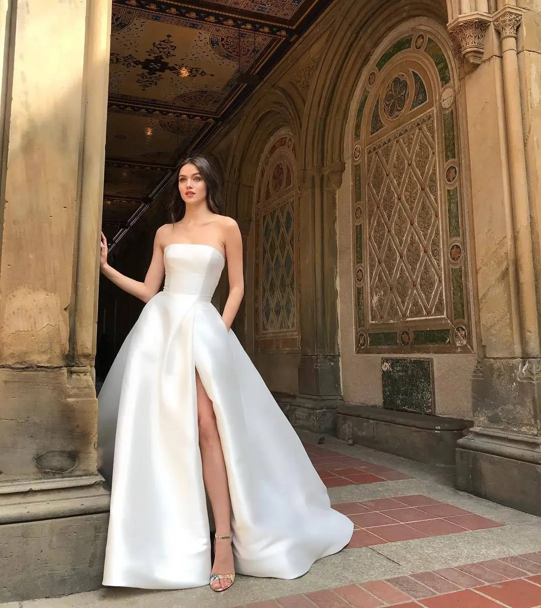 Bandeau high waist split temperament white dress hercurva