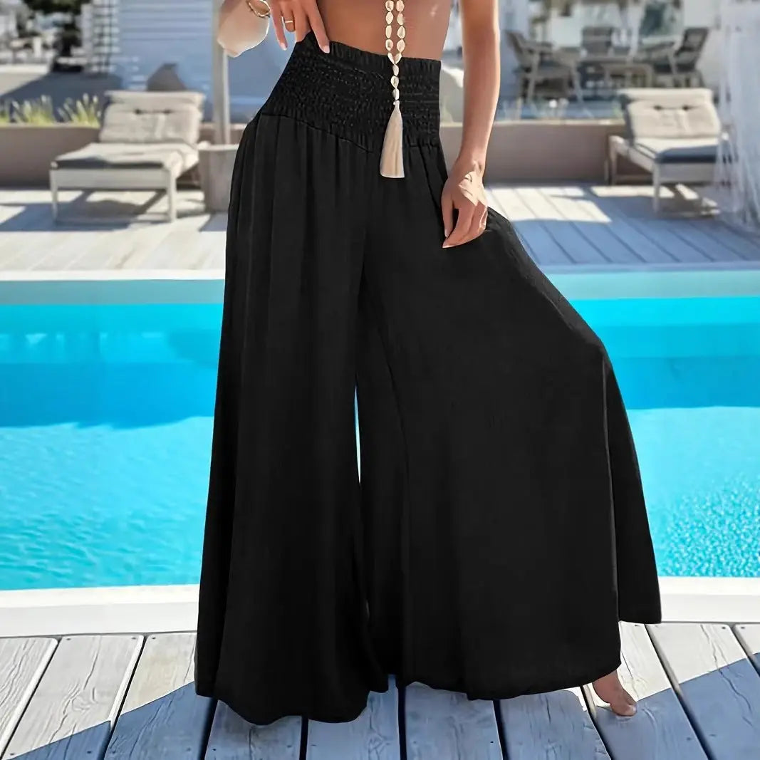 Solid Color High Waist Smocking Ice Silk Wide Leg Trousers hercurva