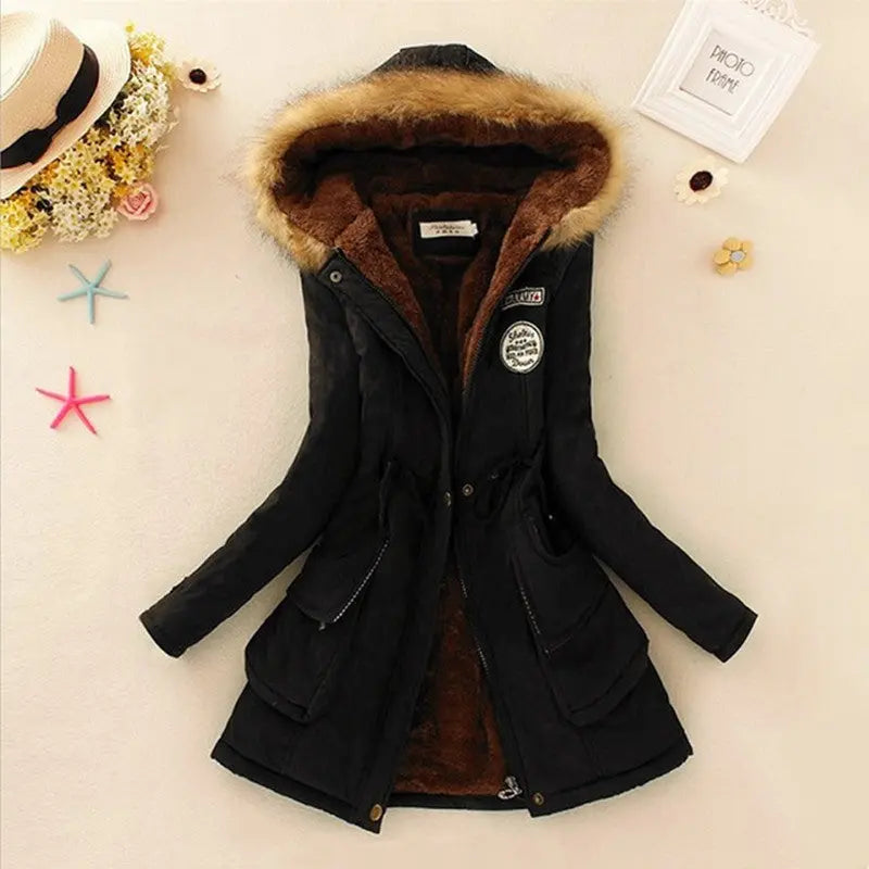 Long Women's Cotton-Padded Jacket With Wool Collar hercurva