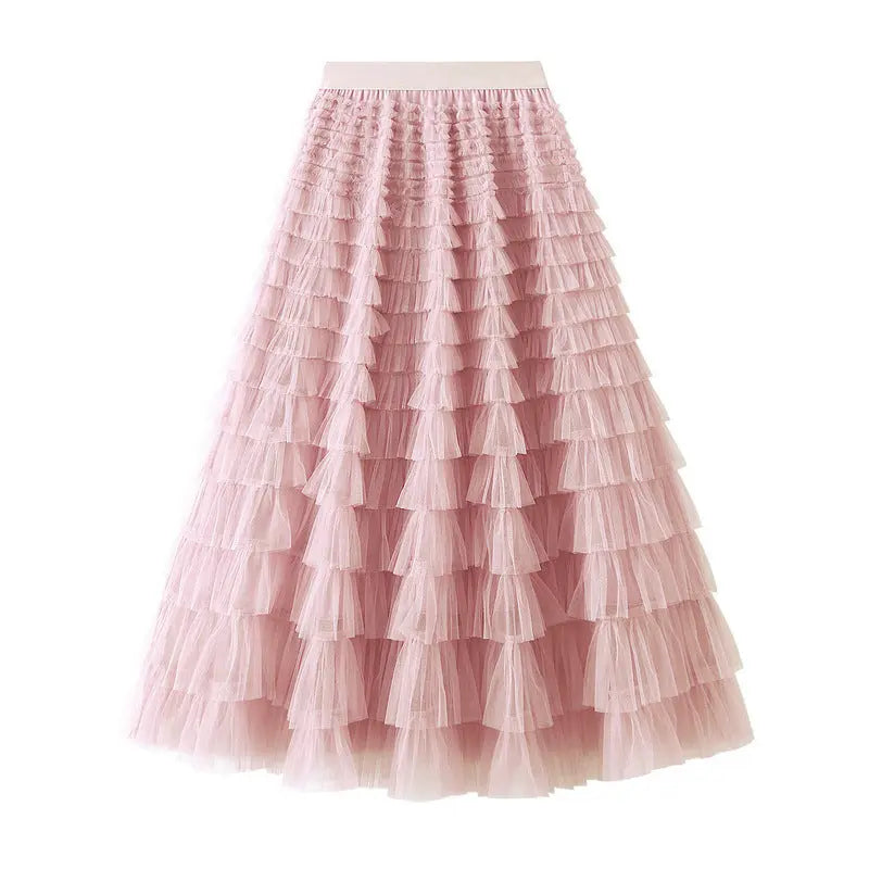 A-Line Mesh Ruffle Skirt Women's Temperament Sweet Long Skirt Slim Cupcake Dress Womens Clothing hercurva