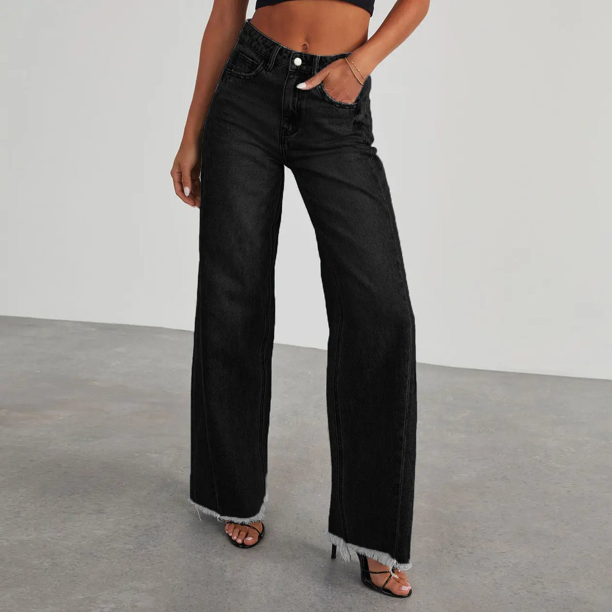 Fashion High Waist Jeans With Pockets Comfortable Slim Fit Straight Wide-leg Pants Womens Clothing hercurva