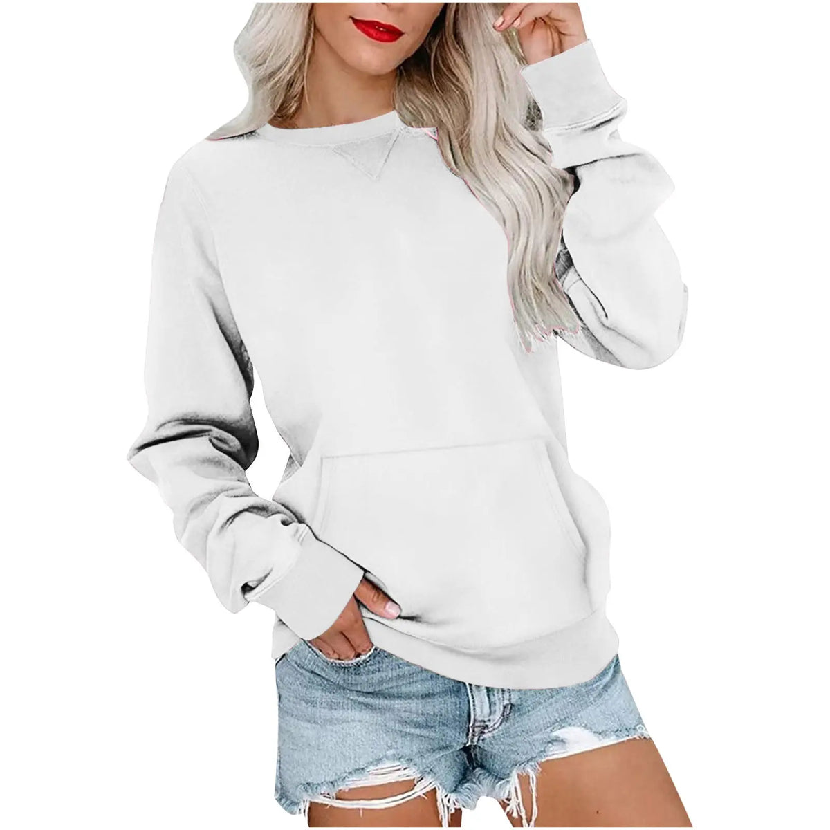 Solid Color Pullover Sweatshirt With Pocket Fashion Loose Round Neck Long Sleeves Top Womens Clothing hercurva