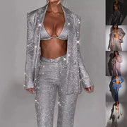 3pcs Shiny Long-sleeved Suit With Bra Lapel Blazer And Straight-leg Trousers Fashion Party Jacket Set For Women Clothing hercurva