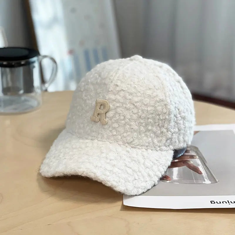Winter Thick Lambskin Furry Large R Letter Baseball Cap hercurva