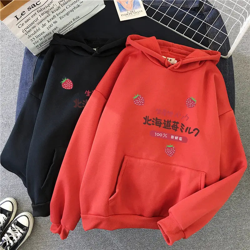 Candy Color Weatshirt Print Strawberry Figure Hooded Sweater hercurva