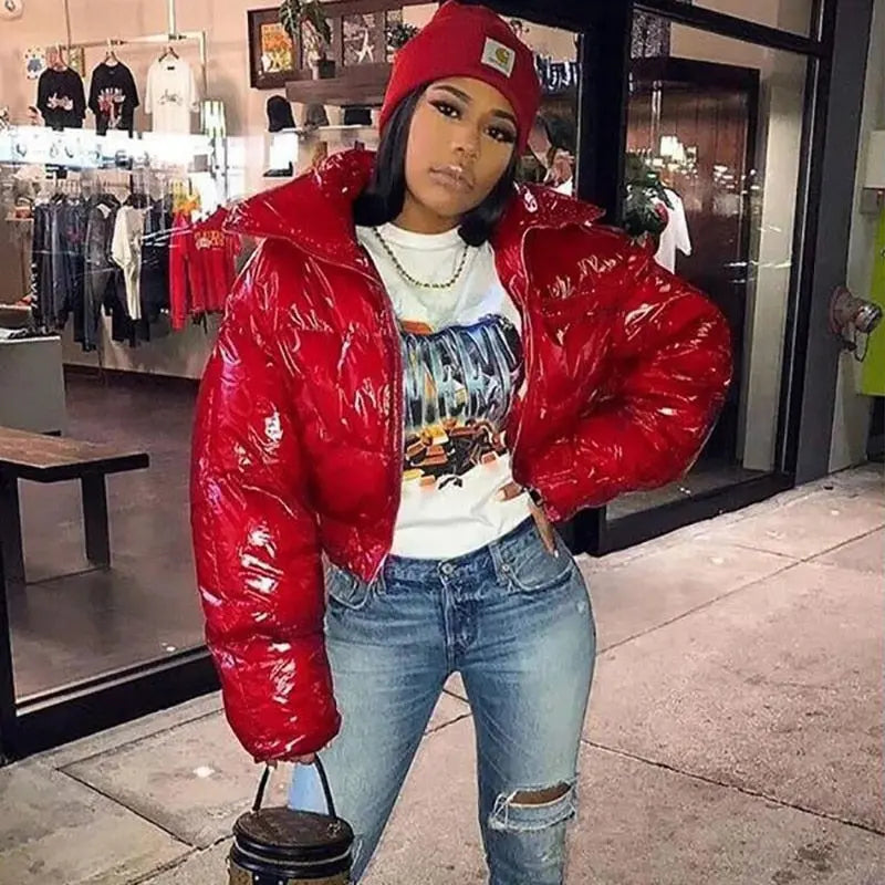 Sisterlinda Faux PU Leather Y2K Bubble Puffer Winter Warm Jacket Women Coats Long Sleeve Outerwear Zipper Casual Slim Parkas hercurva