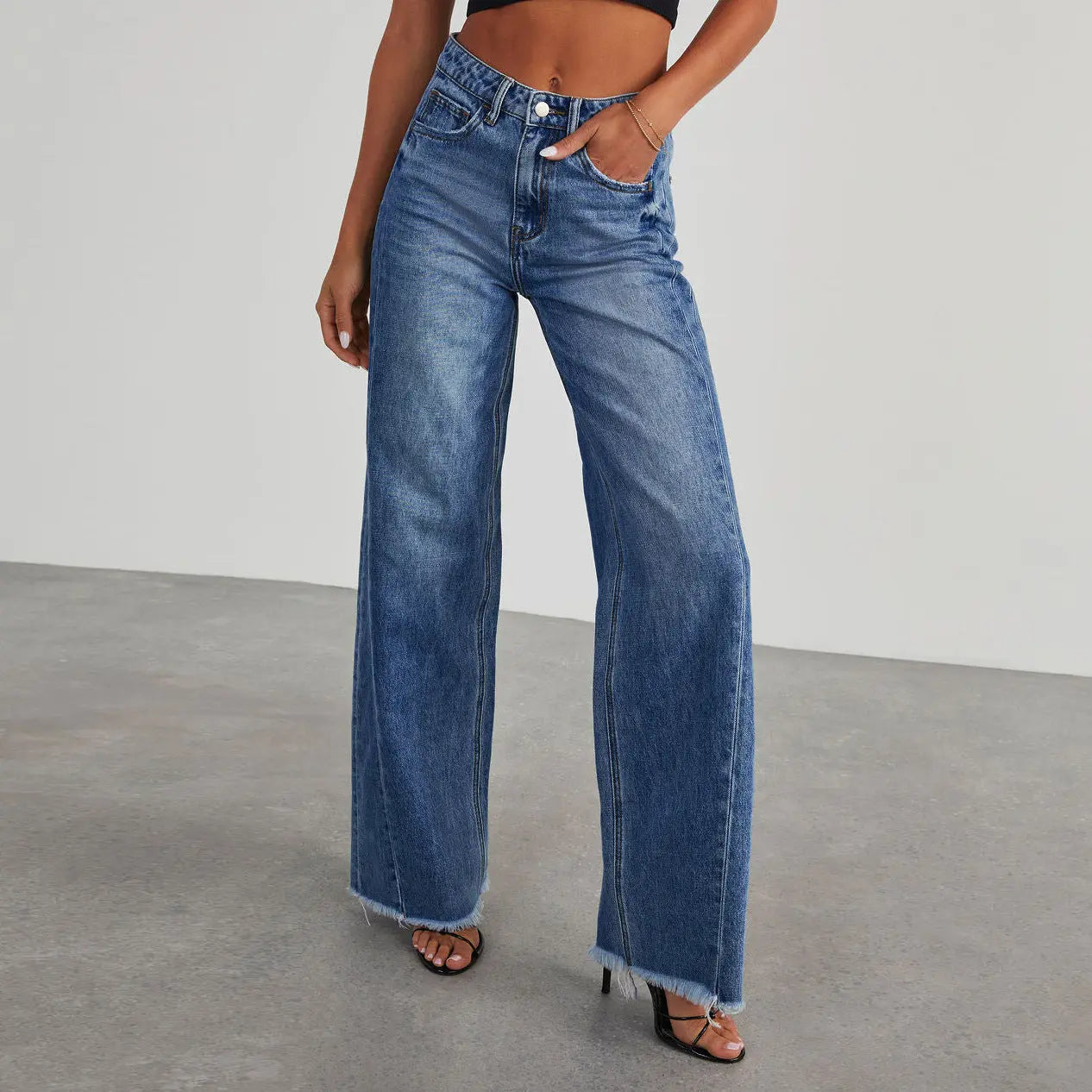 Fashion High Waist Jeans With Pockets Comfortable Slim Fit Straight Wide-leg Pants Womens Clothing hercurva