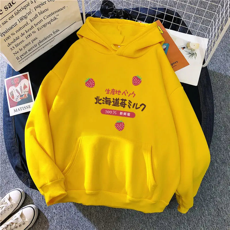 Candy Color Weatshirt Print Strawberry Figure Hooded Sweater hercurva