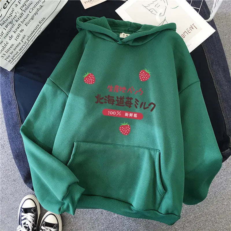 Candy Color Weatshirt Print Strawberry Figure Hooded Sweater hercurva