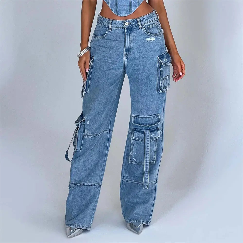 Women's Suit Low Waist Three-dimensional Tube Top And Pocket Stitching Jeans Pants hercurva