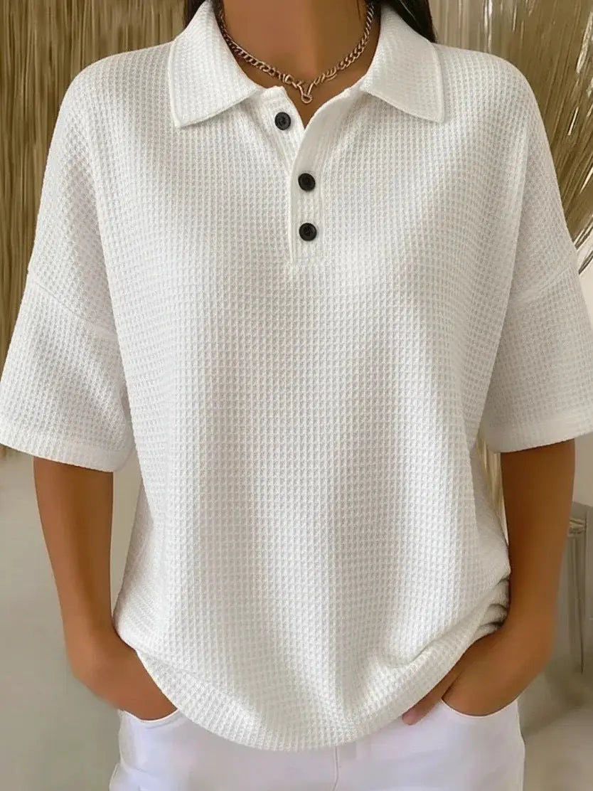 Buttoned Waffle-knit Short-sleeve T-shirt Solid-color Pullover Top hercurva