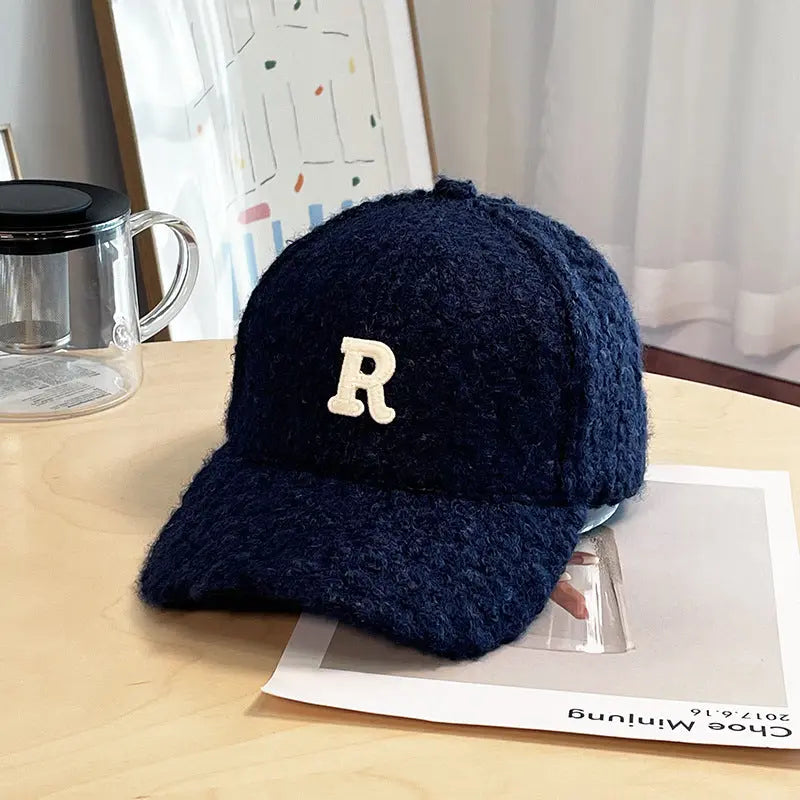 Winter Thick Lambskin Furry Large R Letter Baseball Cap hercurva