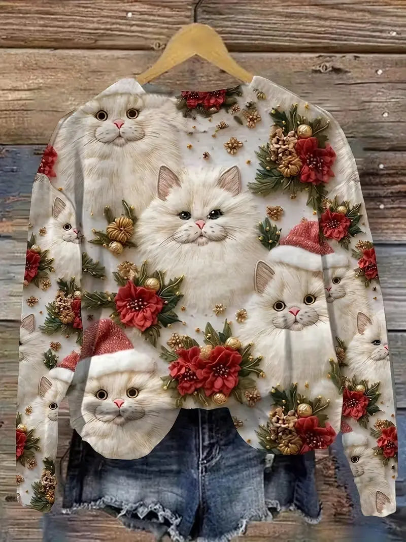 Women's Pullover Christmas Pattern Round Neck Sweatshirt hercurva