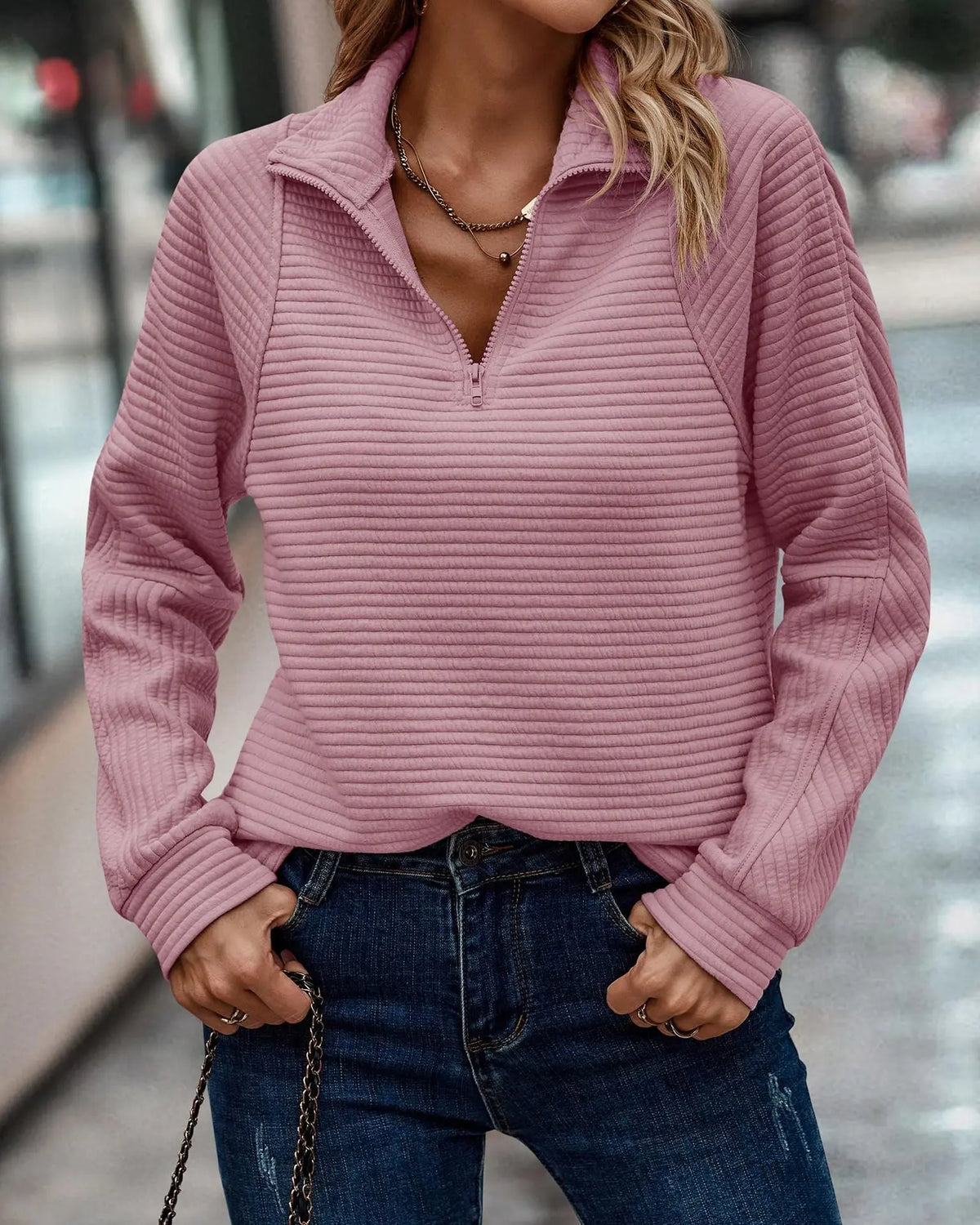 Zipper Stand Collar Pullover Sweatshirt Fashion Solid Striped Long Sleeve Top Spring And Autumn Women's Clothing hercurva