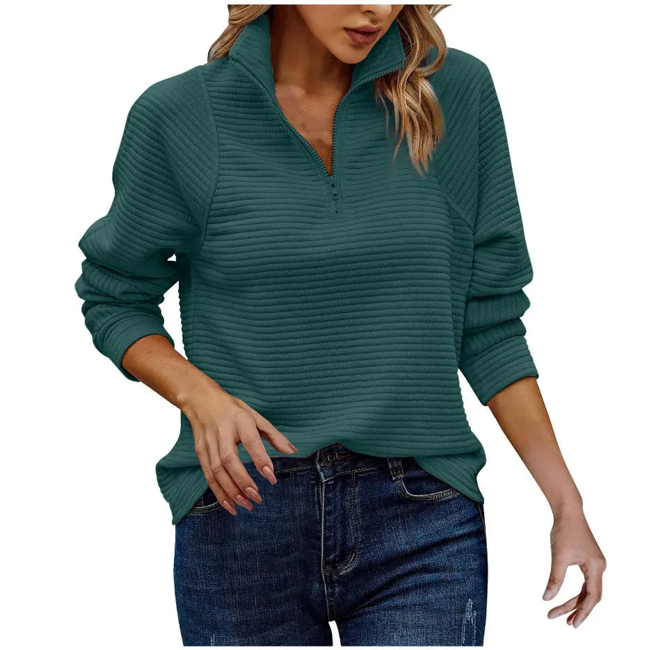 Zipper Stand Collar Pullover Sweatshirt Fashion Solid Striped Long Sleeve Top Spring And Autumn Women's Clothing hercurva