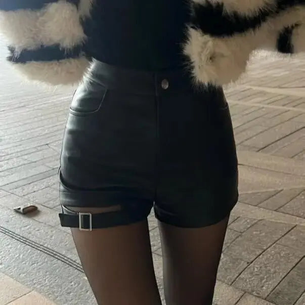 Black Buckle Washed Leather Shorts For Women hercurva