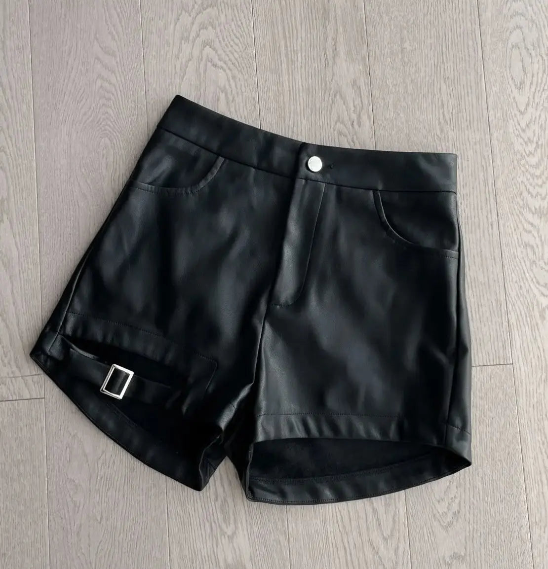 Black Buckle Washed Leather Shorts For Women hercurva