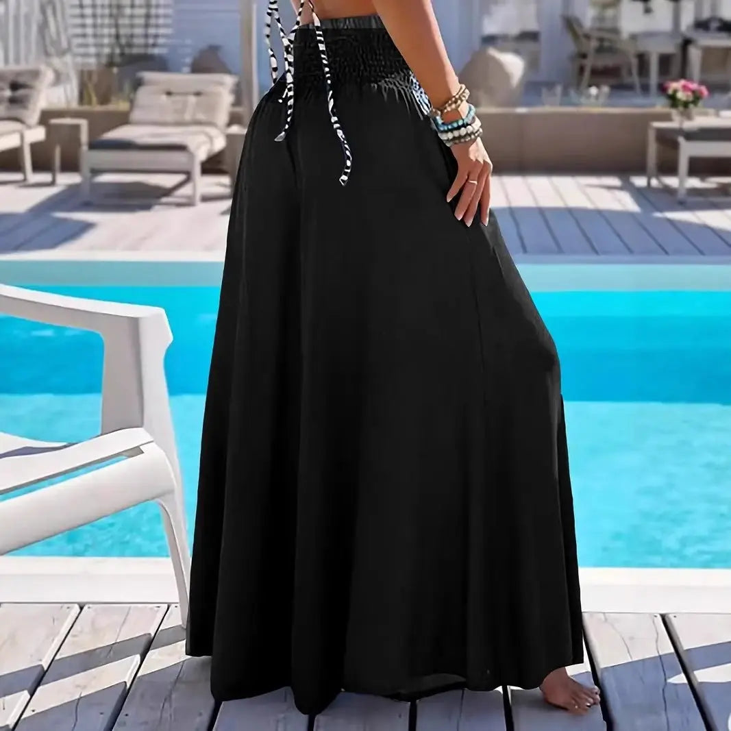 Solid Color High Waist Smocking Ice Silk Wide Leg Trousers hercurva