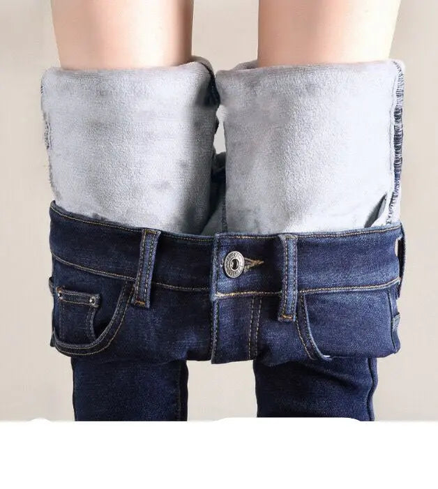 Women Thermal Jeans Winter Snow Warm Plush Stretch Jeans Lady Skinny Thicken Fleece Denim Long Pants Retro Blue Pencil Trousers hercurva