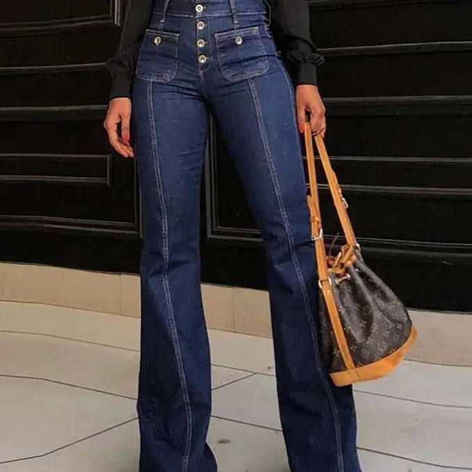Stitching Washed Denim Stretch Slim Fit Bell-bottom Pants hercurva