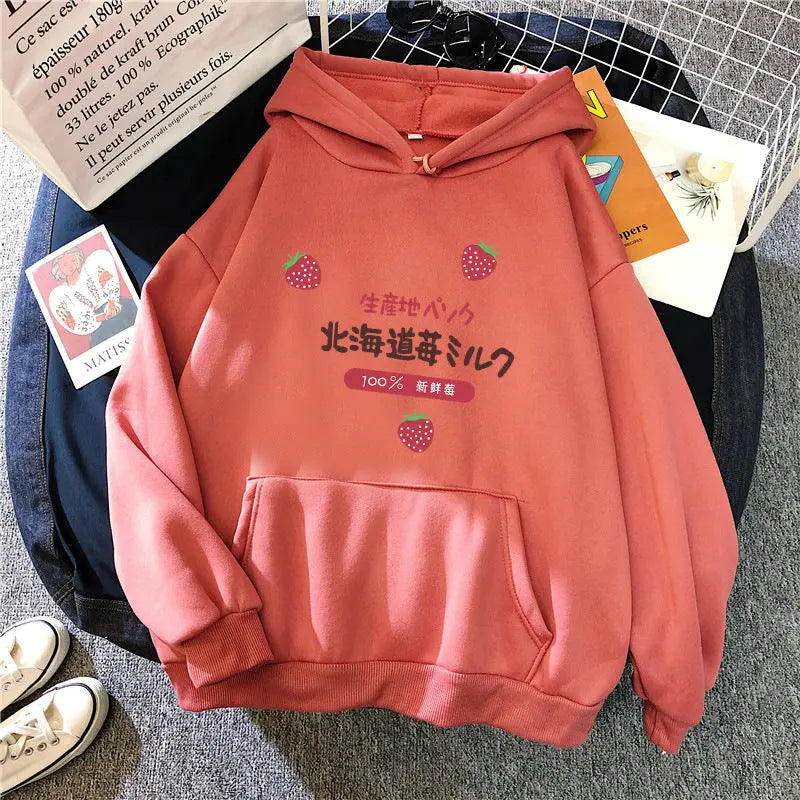 Candy Color Weatshirt Print Strawberry Figure Hooded Sweater hercurva