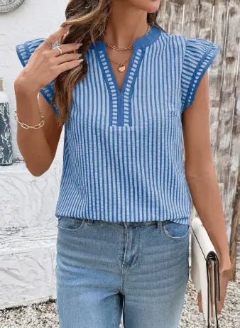 Khaki Stripe Double Ruffled Short Sleeve V Neck Blouse hercurva