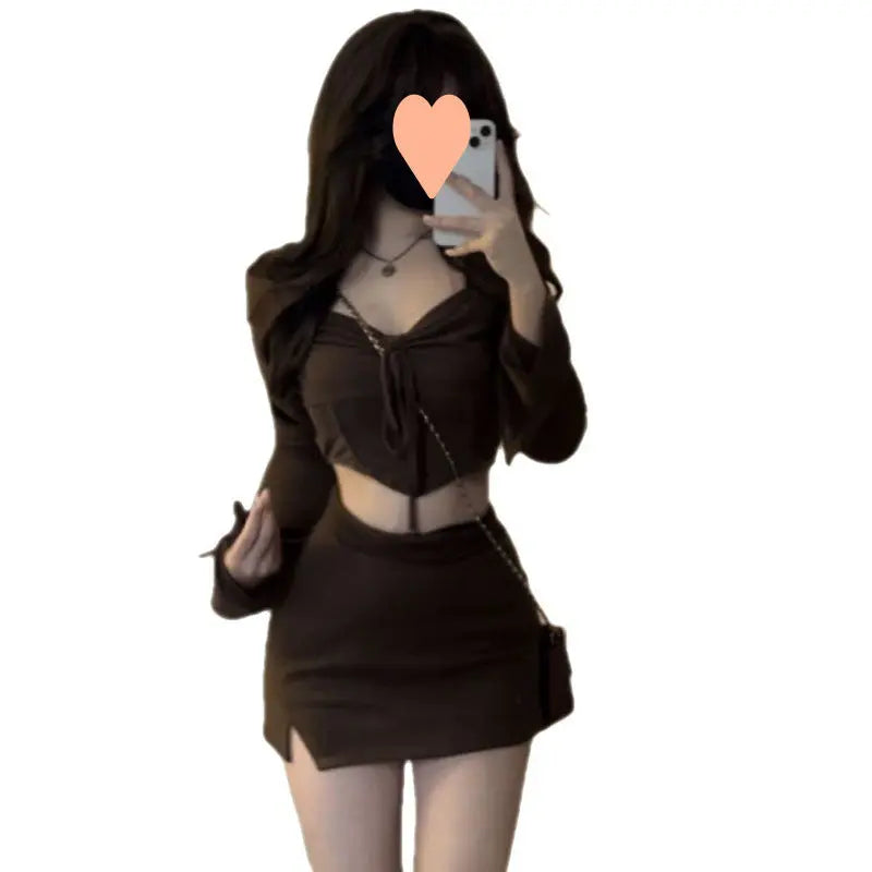 American Hot Girl Hem Irregular Long Sleeve Top And Skirt Suit hercurva