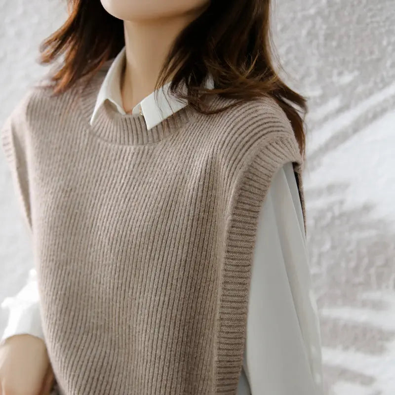 Womens Knitted Crew-Neck Vest Casual Loose-Fit Sleeveless Waistcoat hercurva