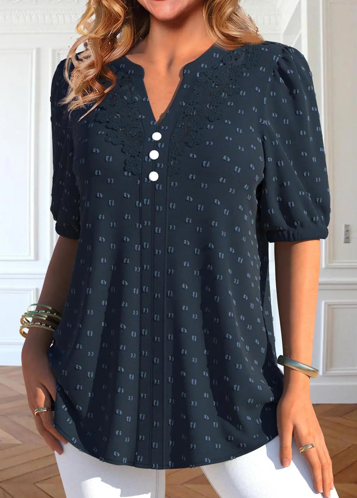 Plus Size Navy Blue Button Short Sleeve Shirt hercurva