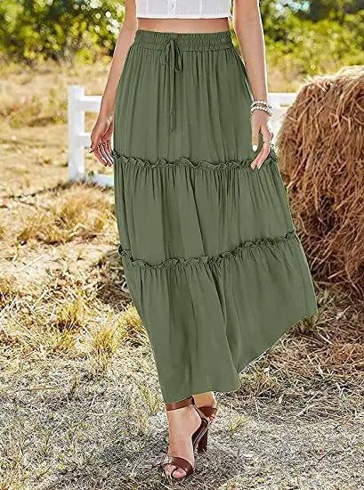 Women's Elastic High Waist A-Line Pleated Casual Maxi Dress hercurva