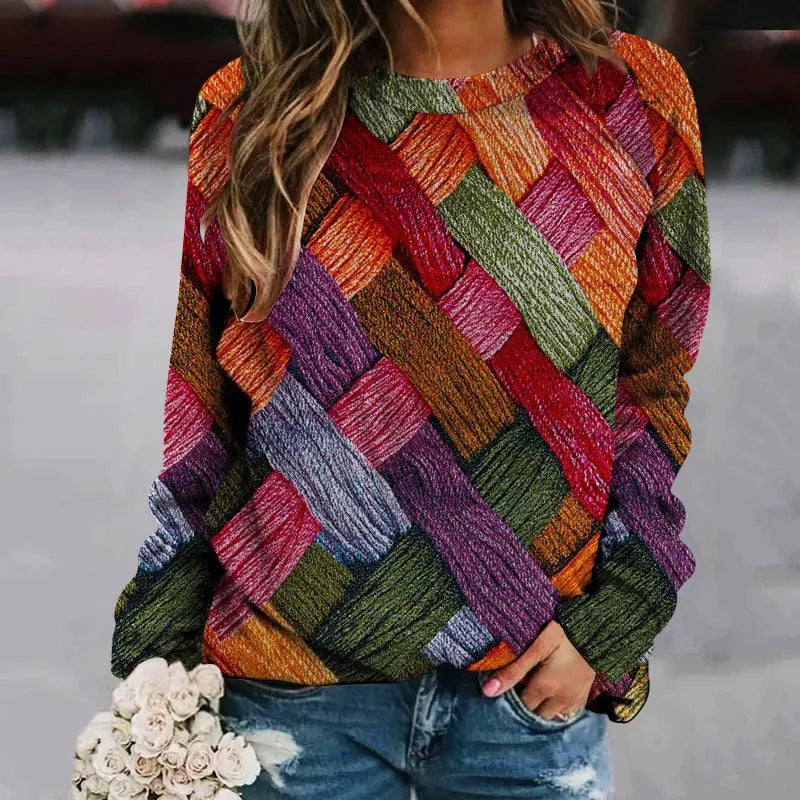 Printed Patchwork Round Neck Raglan Long Sleeve Women's Sweater hercurva